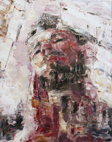 An abstract self portrait of the artist, a man with a dark beard touches his chin with his head lifted back