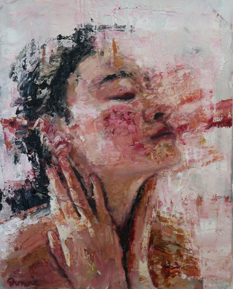 An abstract profile image of a woman, her hands are on her neck, she has her dark hair tied back in a bun