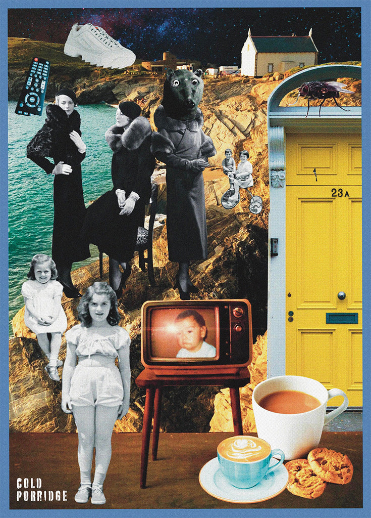 A collage set on a rocky landscape and in the distance is a house. There is a river with a large TV handset, a gym trainer and coffee mugs. Children are playing on the rocks, with upper class women watching.