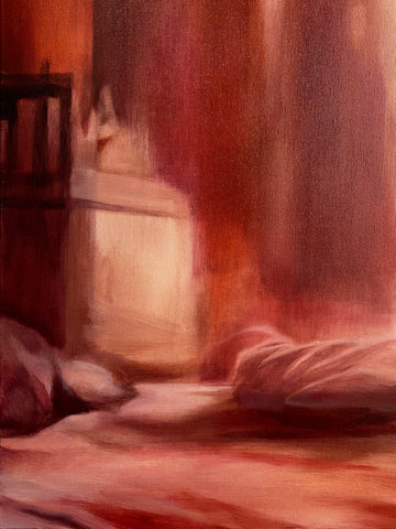 An oil painting of a corner of a bedroom. There is a bedside table next to the bed, and on the wall there is a patch of light that brings out the dark shadow of a figure. The painting is pink, red, white and purple.