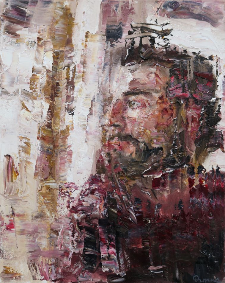 An abstract painting, a man with a dark haired beard looks out of a window in a dark red t-shirt