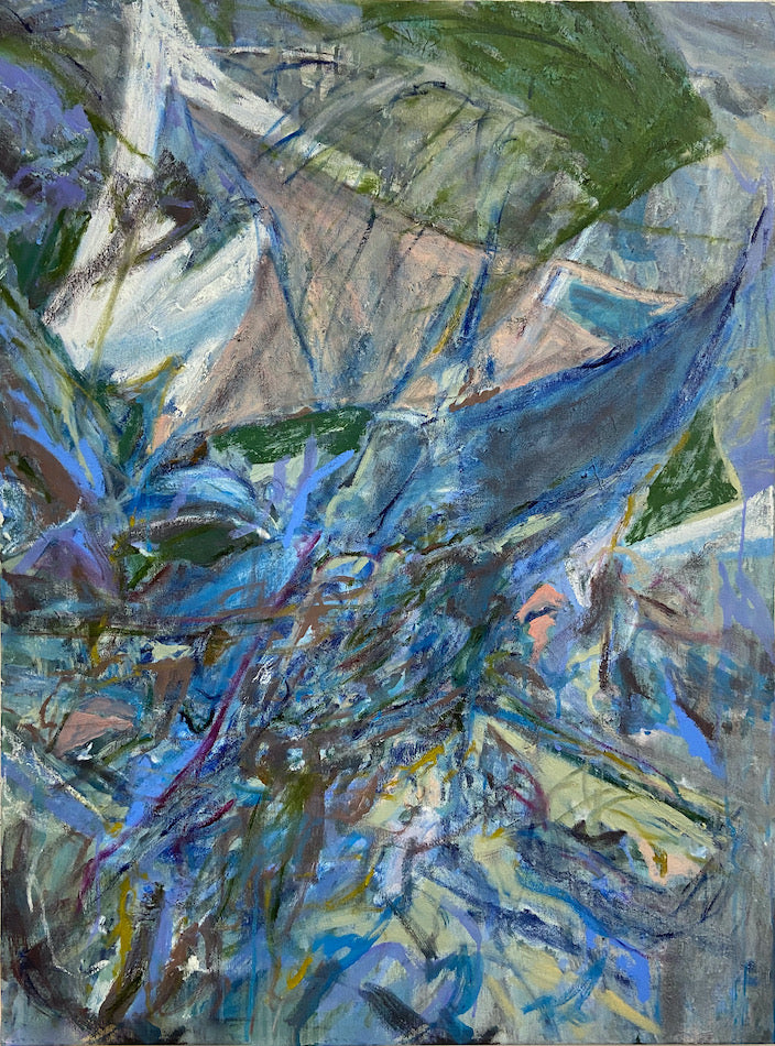 Medium sized abstract works of cool blues and transparent, disruptive shapes and lines 