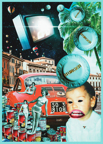 Collage with expressionless baby with no eyes and enlarged mouth surrounded by food cans. There are plates with the word 'Hunger' flying out from the baby going into space. In the background is a television set and holiday destinations.