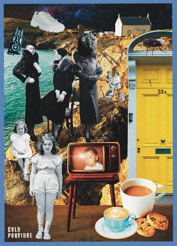A collage set on a rocky landscape and in the distance is a house. There is a river with a large TV handset, a gym trainer and coffee mugs. Children are playing on the rocks, with upper class women watching.