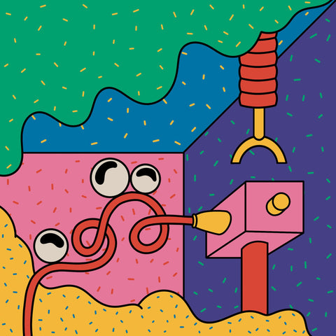 A 2D drawn illustration with abstract objects, eyes and pipes. Painted in vibrant colours.