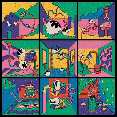 A 2D drawn illustration with 9 blocks placed on top of each other with abstract objects with eyes and pipes. The Elements are connected across the 9 blocks and are painted in vibrant colours.