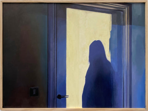 Oil painting of a doorframe and within it the shadow resembling the silhouette of a figure. The painting is mostly dark with light shining on the door to outline the shadow figure.
