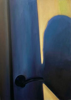 A painting of a closeup section of a door in yellow and blue tones. There is a doorhandle and blue shadows on the canvas.