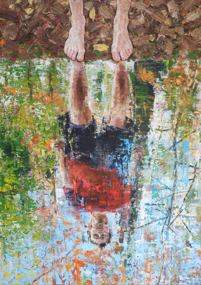 A painting with a figure reflected in the water, only their bare feet are reflected, standing on the leafy waters edge