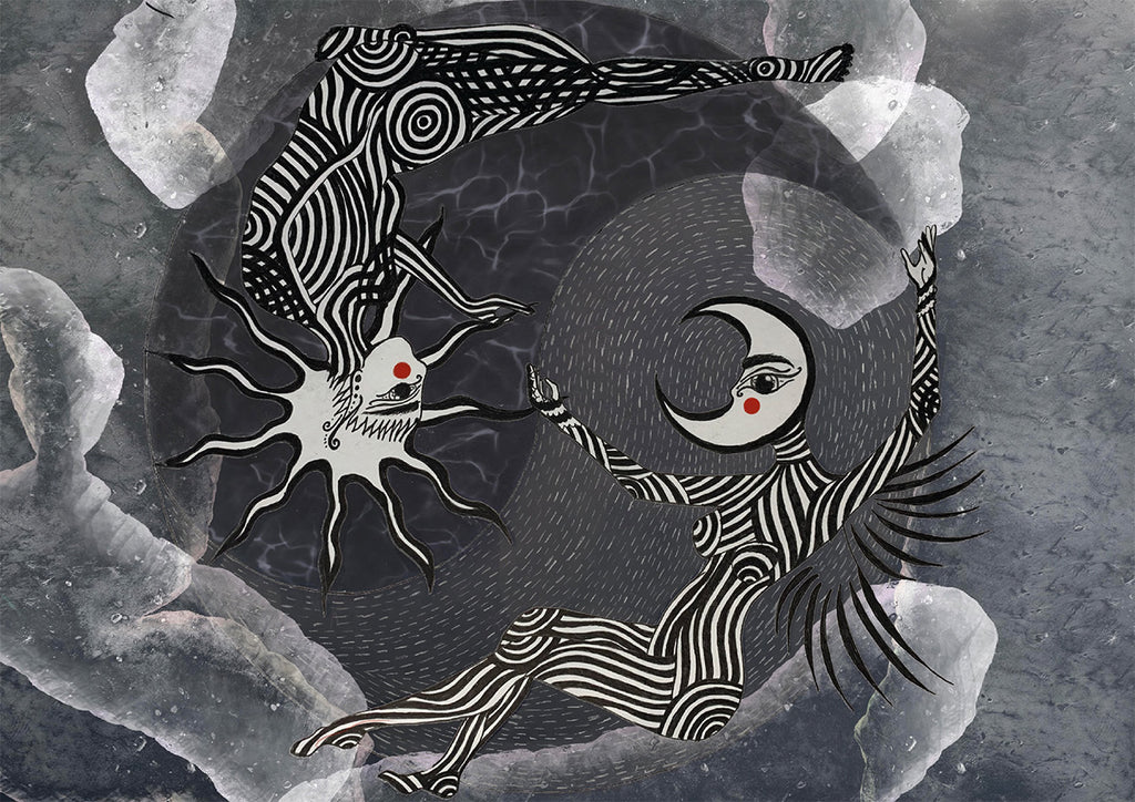 Two black and white striped figures, solar and lunar, facing eachother. An abstract background in grayscale resembles yin yang symbol.
